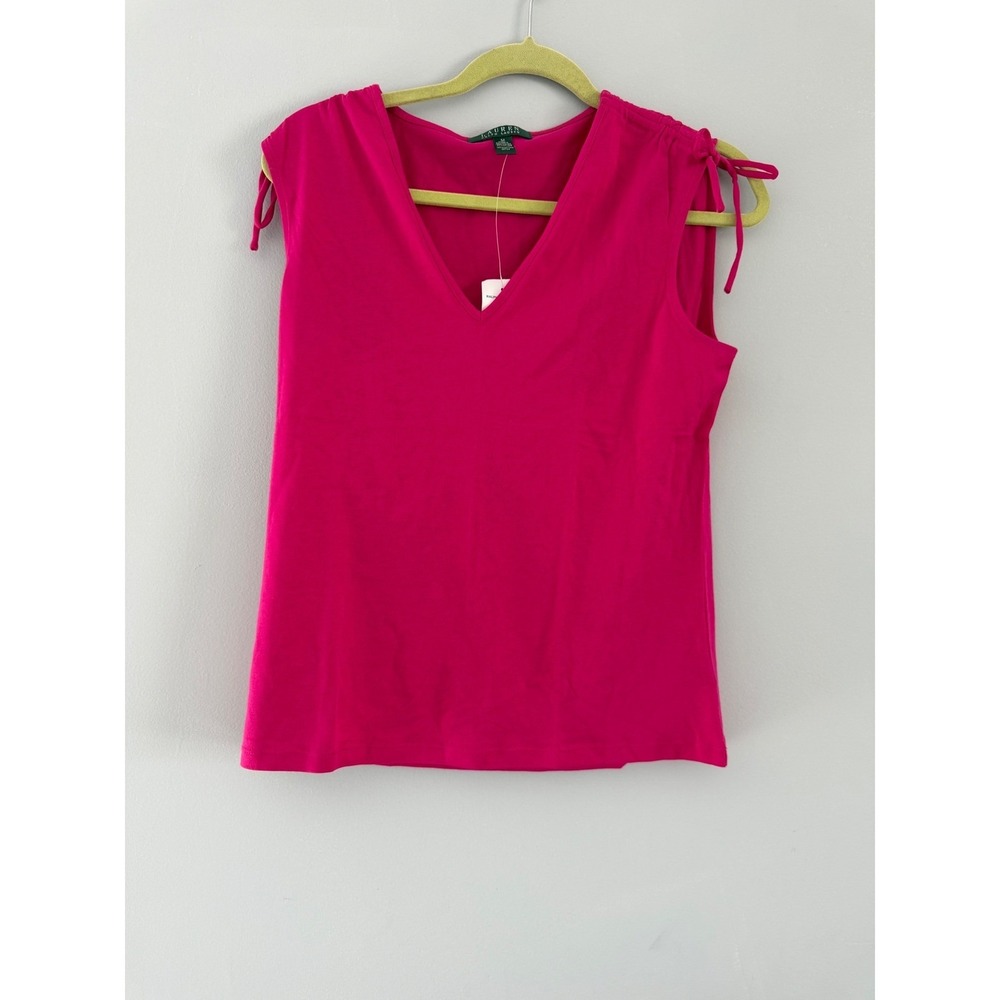 Lauren Ralph Lauren Aster Pink Cotton V-Neck Sleeveless Tie Shoulder Top M‎ NWT